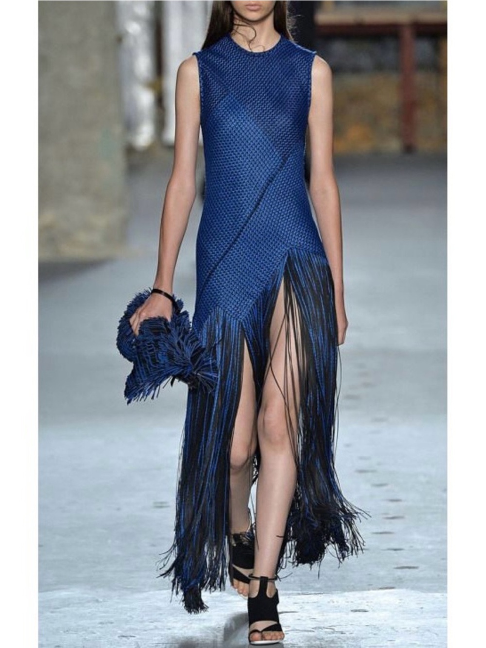 Proenza Schouler Sleeveless Blue and Black Fringe Maxi Dress